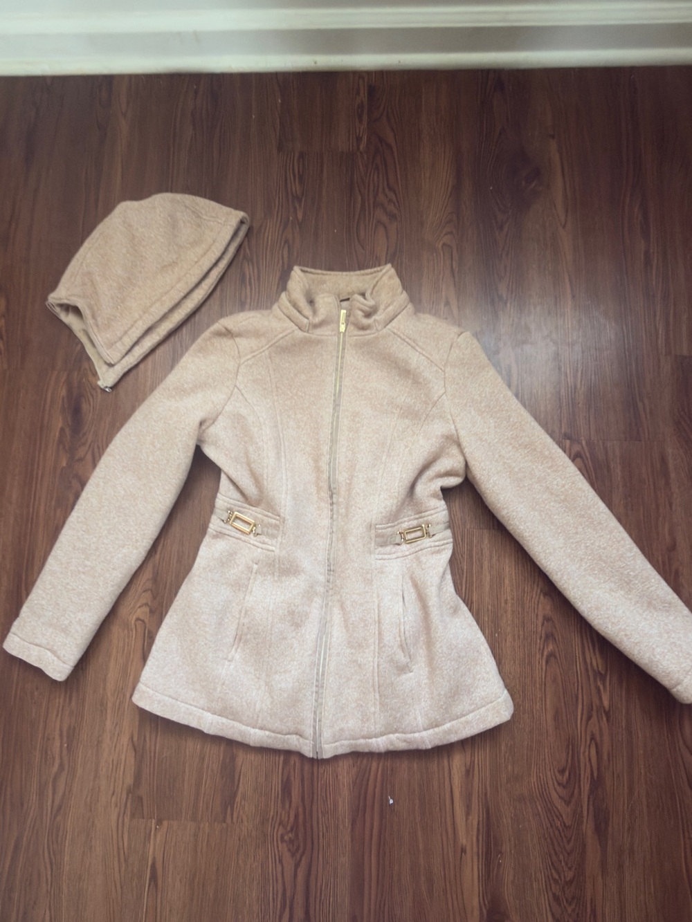 Womens Beige Zip-Front Wool-Blend Jacket with Hood